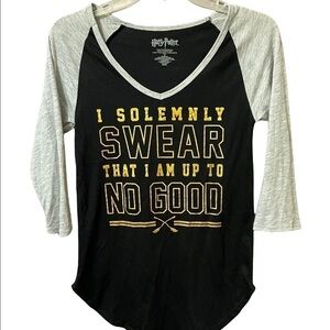 Harry Potter Up to no good v-neck baseball shirt black with gray sleeves Small